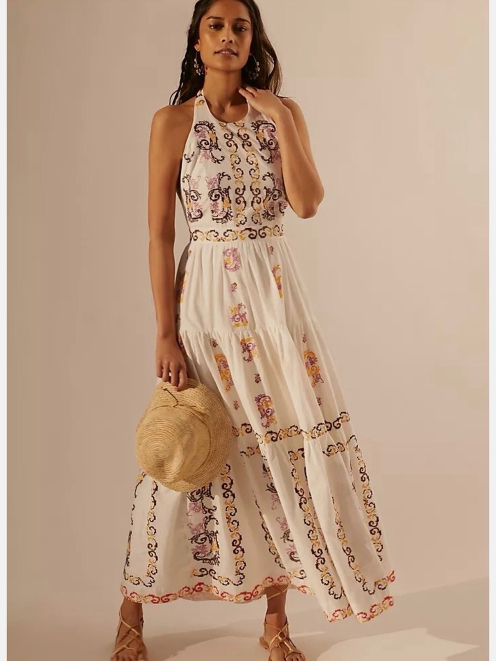 Anthropologie Medallion Halter Neck Floral Embroidered Maxi Dress in White